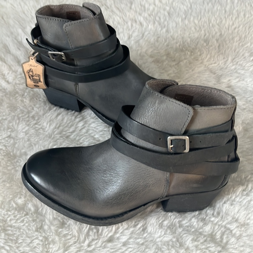H By Hudson Womens Horrigan Black gray Leather Ankle Boots 3 strap Size EU37